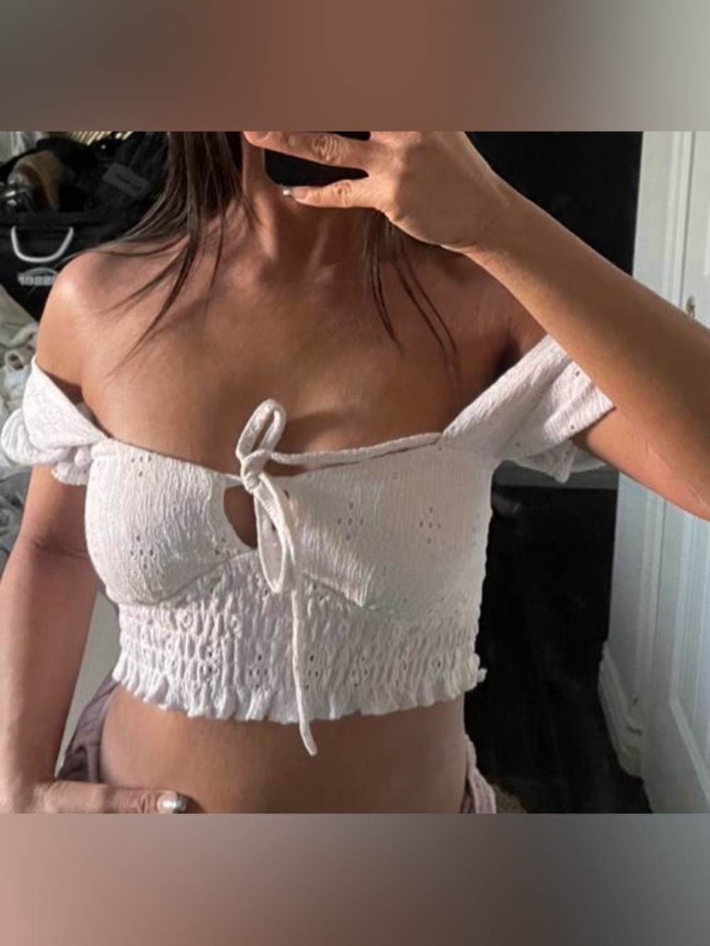 Off-Shoulder White Smocked Crop Top with Tie Front